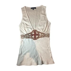 Sky Cream Embellished Fitted Tank Top